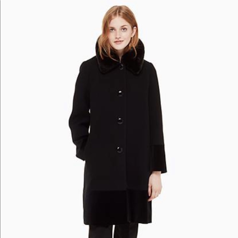 Kate Spade Faux Fur Collar Velvet Trim Coat